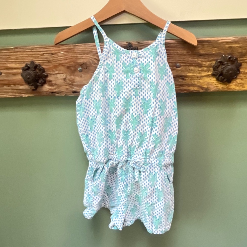 Rikshaw Design Kids Size 6 Blue Teal Lobster Print Cotton Romper Summer Beach